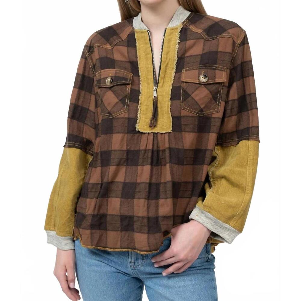 NEW IVY JANE buffalo check zip popover top in brown/gold